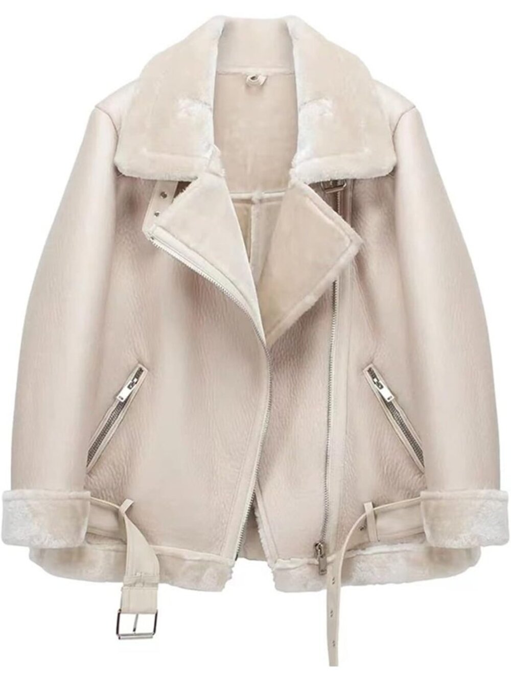 Women’s Beige Faux Shearling Moto Jacket, Thick Lined Winter Parka Coat